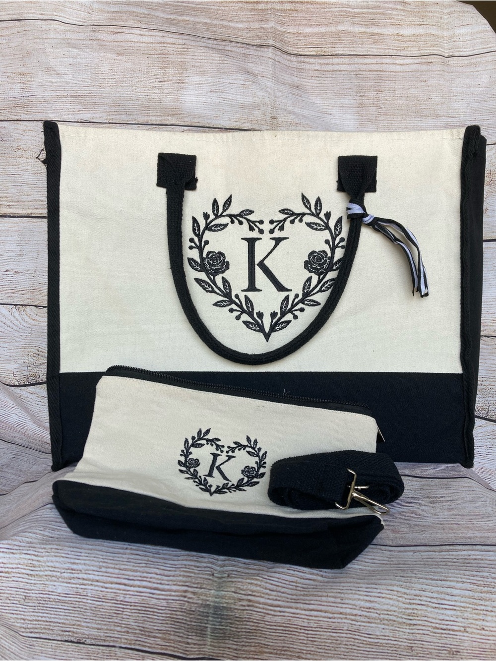 Monogrammed 'K' Canvas Tote and Pouch Set in Black and Cream